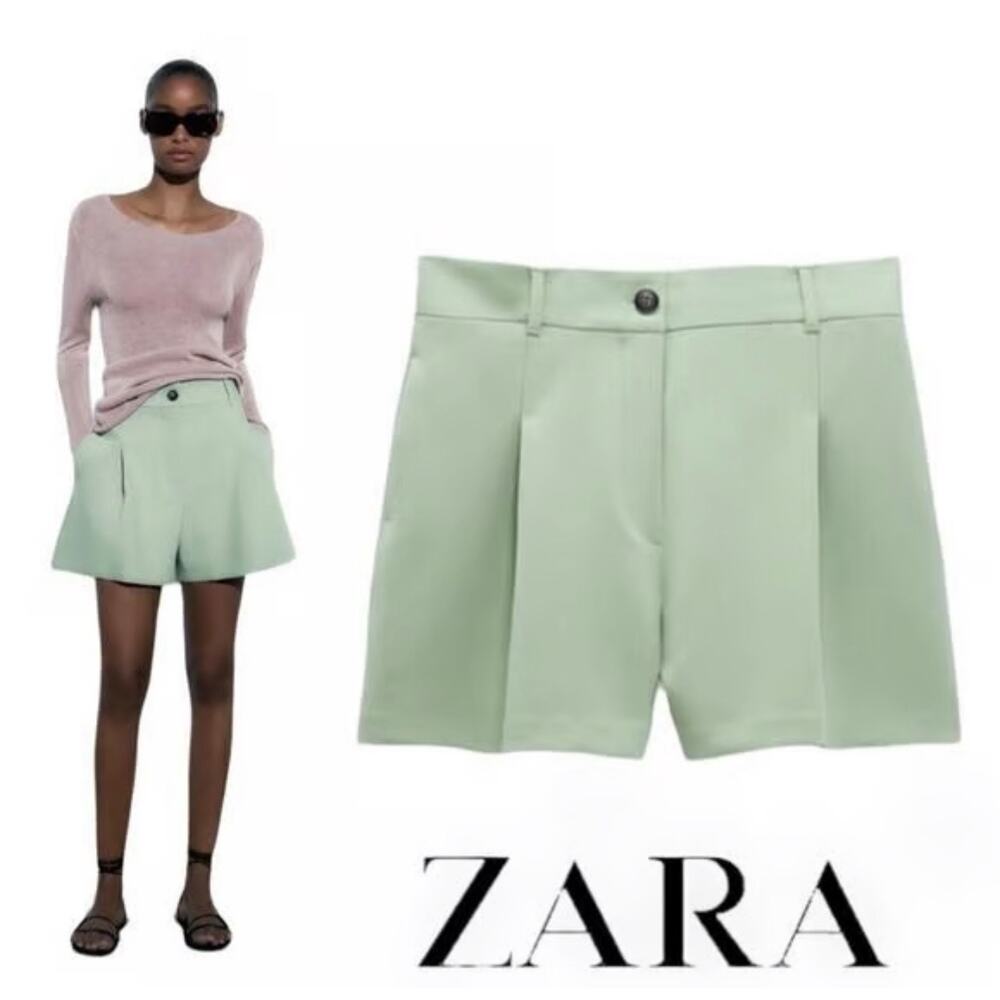 Zara Mint Green High-Waist Pleat Front Shorts